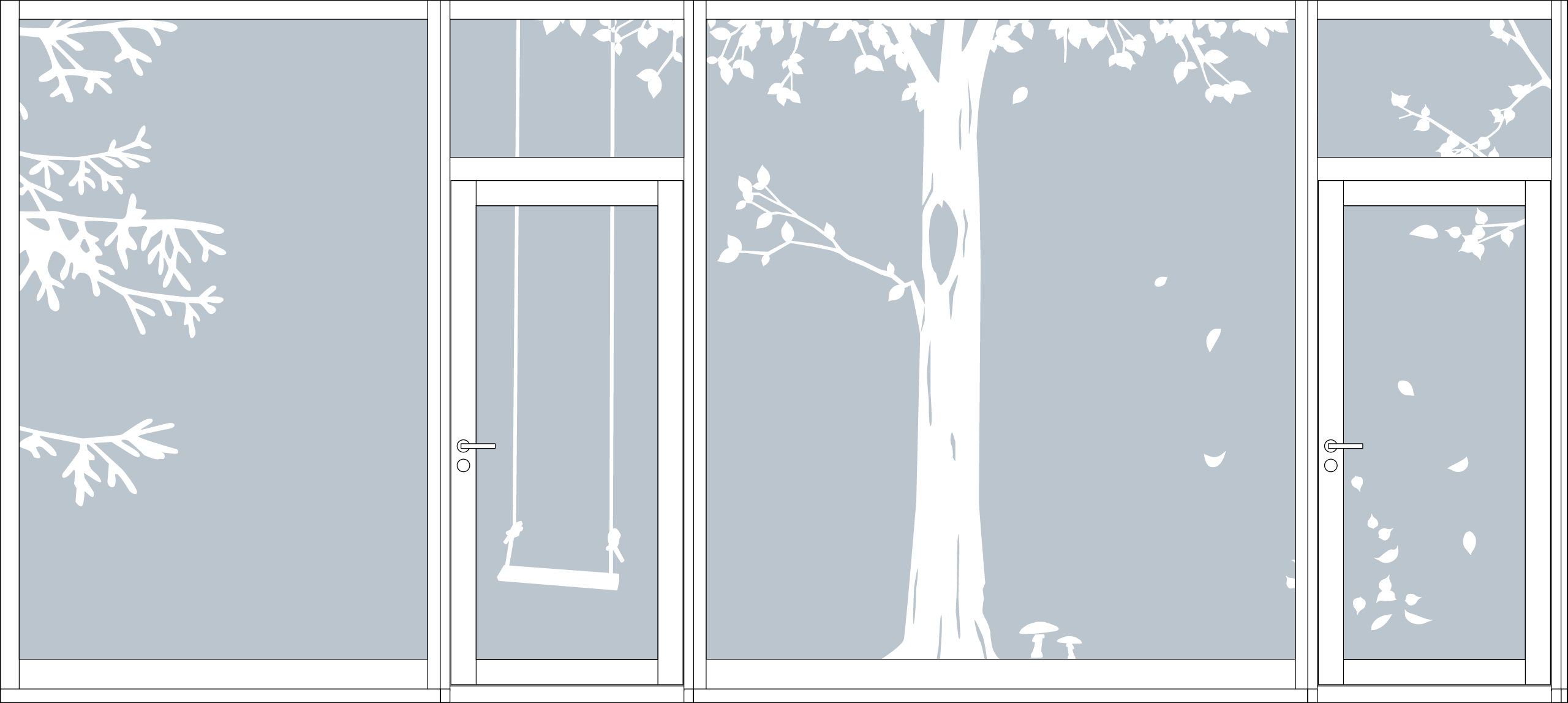 Plan mit Illustration zu Beklebung der Glaswand des Mehrzweckraums